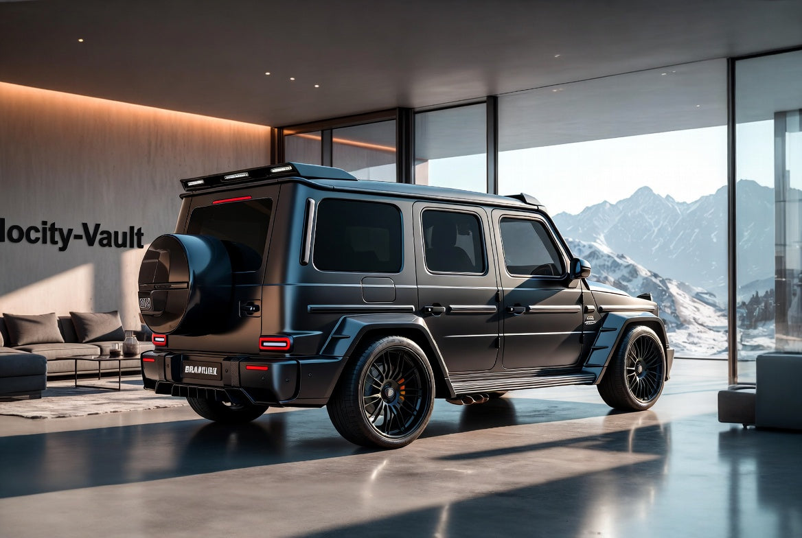 Velocity-Vault | Matte Black Brabus G63 in Modern Mountain Living Room – Luxury Digital Wallpaper Pack