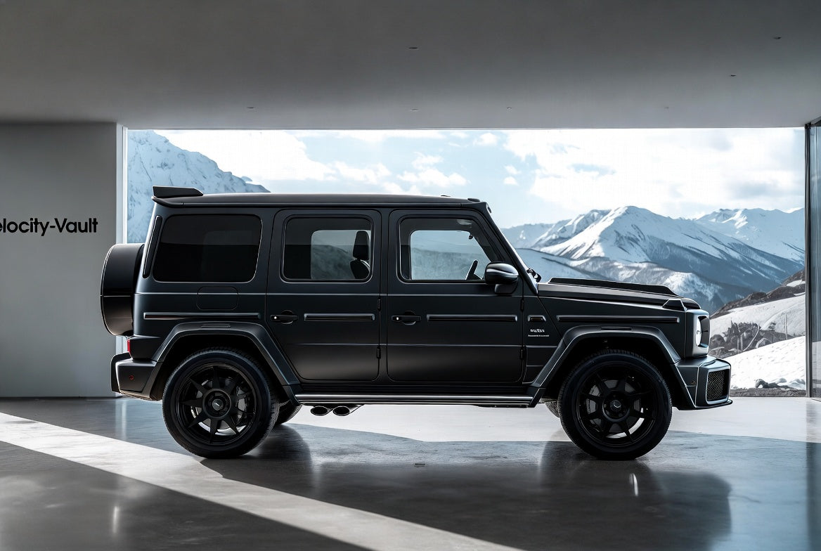 Velocity-Vault | Matte Black Brabus G63 in Modern Mountain Living Room – Luxury Digital Wallpaper Pack
