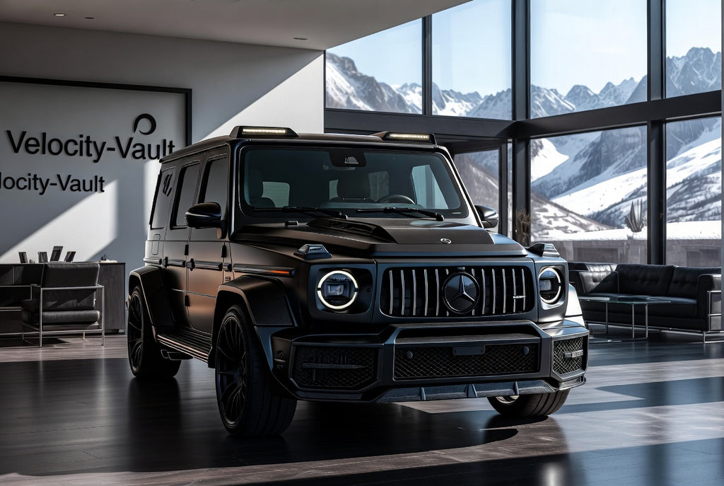 Velocity-Vault | Matte Black Brabus G63 in Modern Mountain Living Room – Luxury Digital Wallpaper Pack