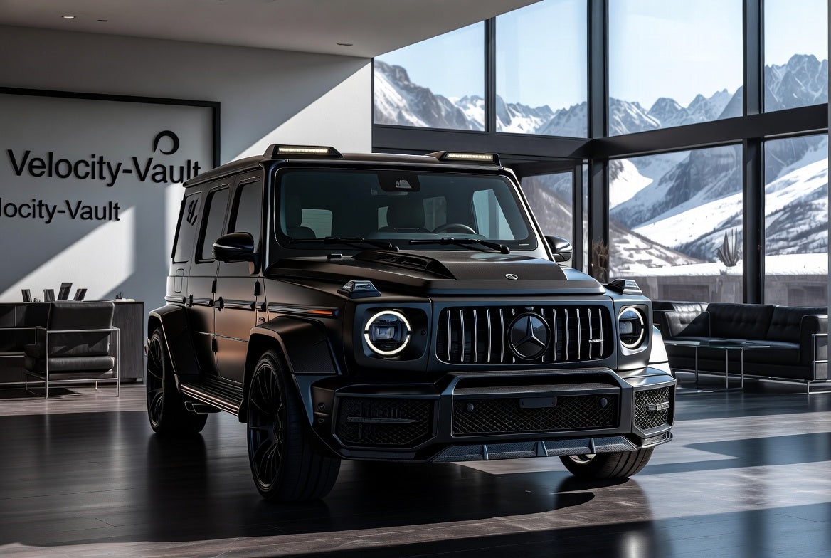 Velocity-Vault | Matte Black Brabus G63 in Modern Mountain Living Room – Luxury Digital Wallpaper Pack